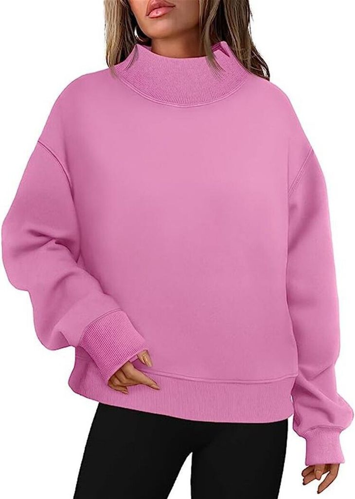 ASKSA Damen Sweatshirt Hochkragen Langarm Pullover Outdoor T-Shirt Tops Herbst Winter Oberteile, Rosa, XL