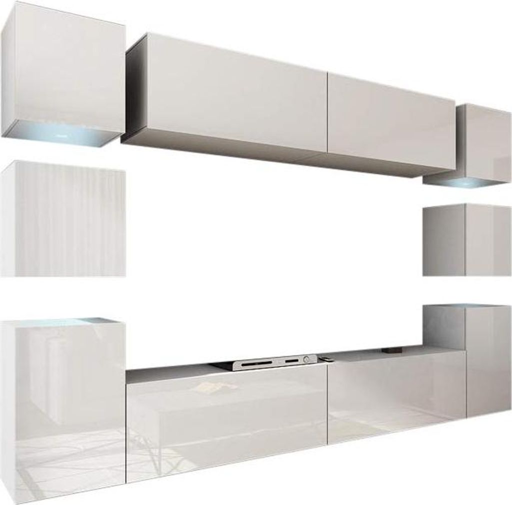 Furnitech Wohnwand Wohnzimmer - Wohnzimmer Möbel mit LED RGB - 16 Farben - Hängend Wohnwand Modern - Regale und TV Schrank (Future 14/HG/W/8 1B -...