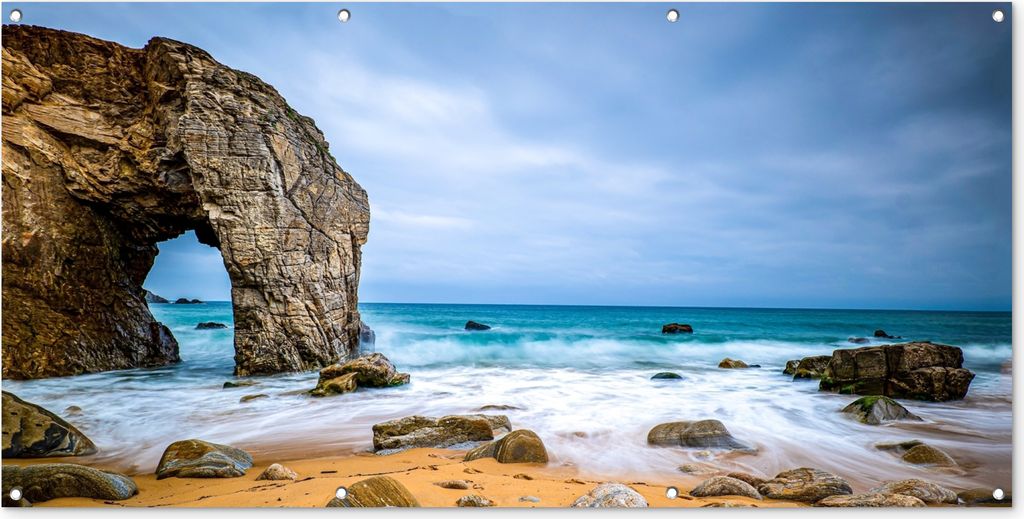 MuchoWow 160x80 cm Outdoor-Poster Gartendeko Sichtschutz Garten Poster für den Garten Steine - Wasser - Strand - Felsen - Wellen