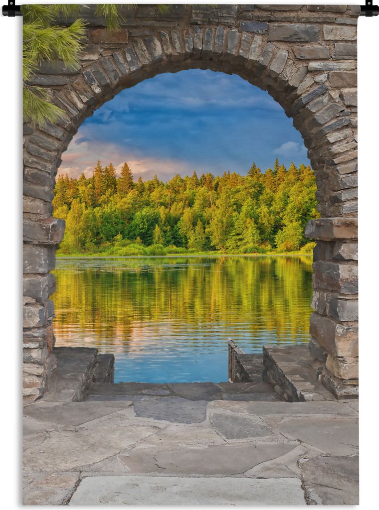 MuchoWow Wandteppich Wandbehang Bäume - Wald - Wasser - Aussicht 90x135 cm Tapisserie Dekoration Wandtuch - Baumwolle - Wandskulptur