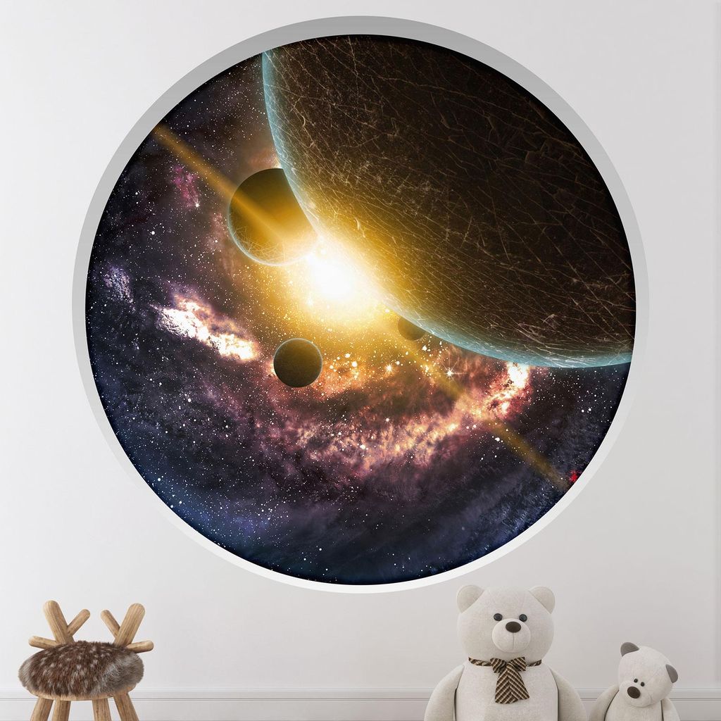Trompe-l'œil-Aufkleber Runde Bogen Kinder - Lumaléa - Planeten - Durchmesser 130 cm
