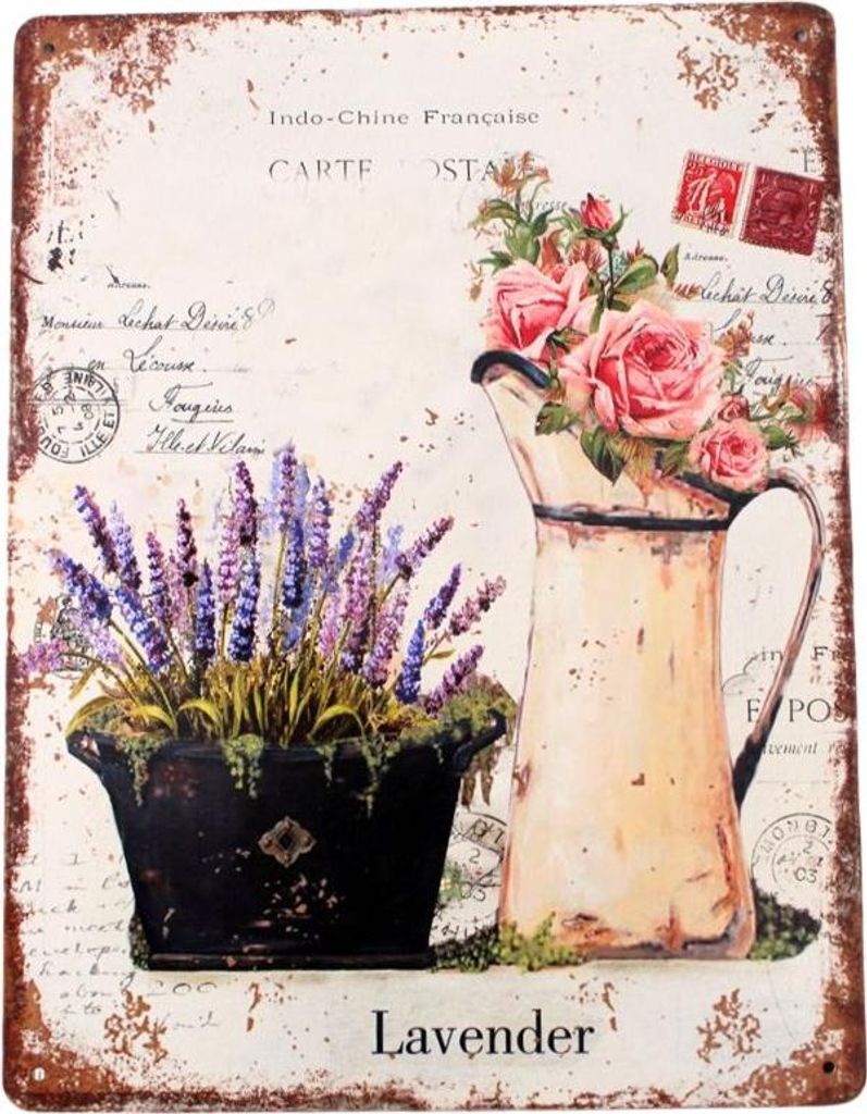 Shabby Blechschild Kanne Rosen Lavendel