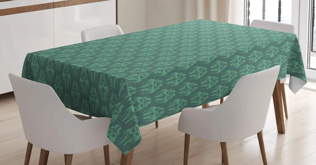 ABAKUHAUS Tovaglia con draghi, motivi simbolici e culturali, facile da pulire grazie alla più moderna tecnologia di stampa, lavabile e personalizzata, 140 x 200 cm, grigio verde acqua verde alloro