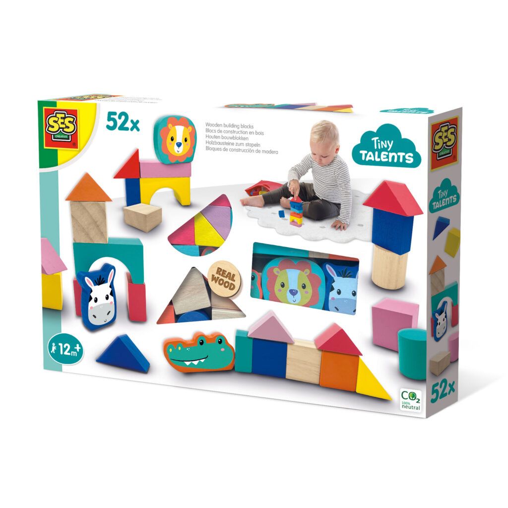 SES Creative Tiny Talents 13143 Holzbausteine Set, 52-teilig, Bunt und Robust für Kleinkinder, 1 Jahr(e), 52 Stück(e), Holz