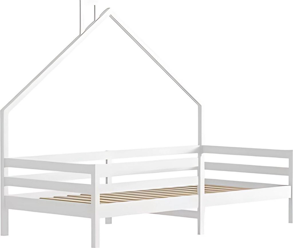 Kinderbett 90x200cm – Hausbett aus Holz – Einzelbett für Kinder – Mit Lattenrost – Mit Stauraum – Ohne Matratze – Weiß