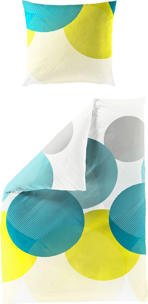 JACK by Bierbaum Mako Satin Bettwäsche 135x200cm 2 tlg. Kreise Streifen Türkis Gelb Hellblau