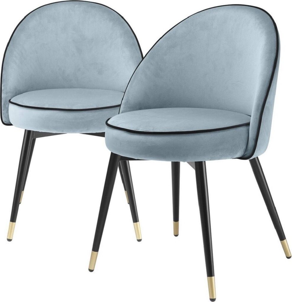 Casa Padrino Luxus Esszimmerstuhl Set Blau / Schwarz / Messing 55 x 64 x H. 83 cm - Esszimmerstühle mit edlem Samtstoff - Esszimmer Möbel