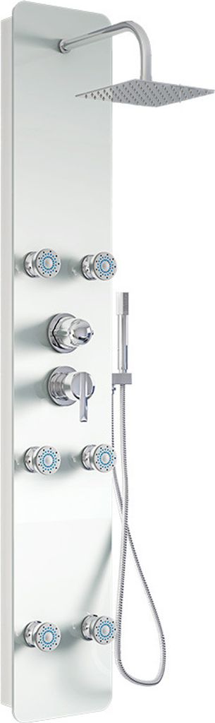 A modern shower panel system with a rainfall showerhead, handheld shower, and multiple body jets.