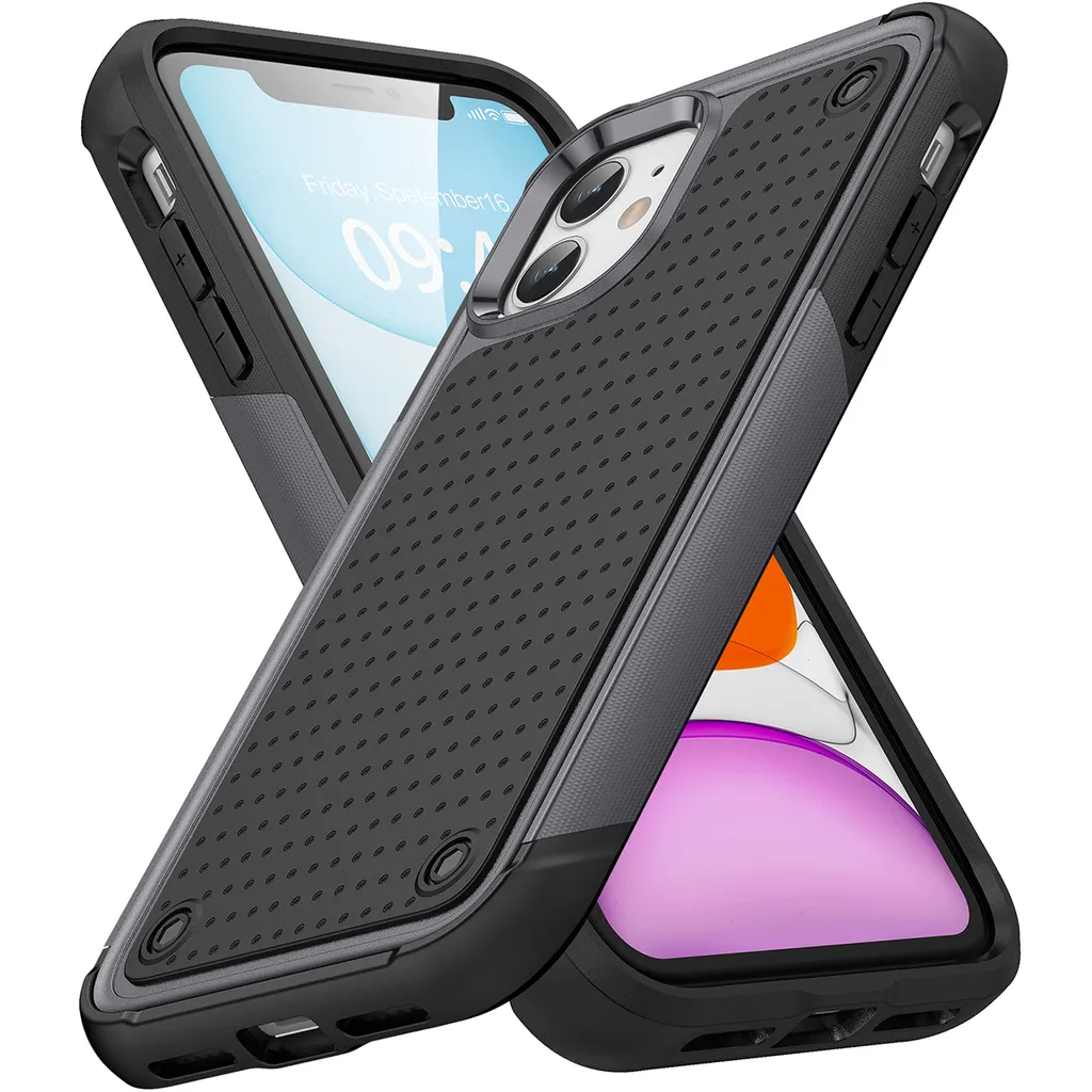 Custodia per iPhone 12 / 12 Pro, qualità militare, custodia ibrida antiurto 2in1 in PC rigido e TPU morbido Grigio Nero