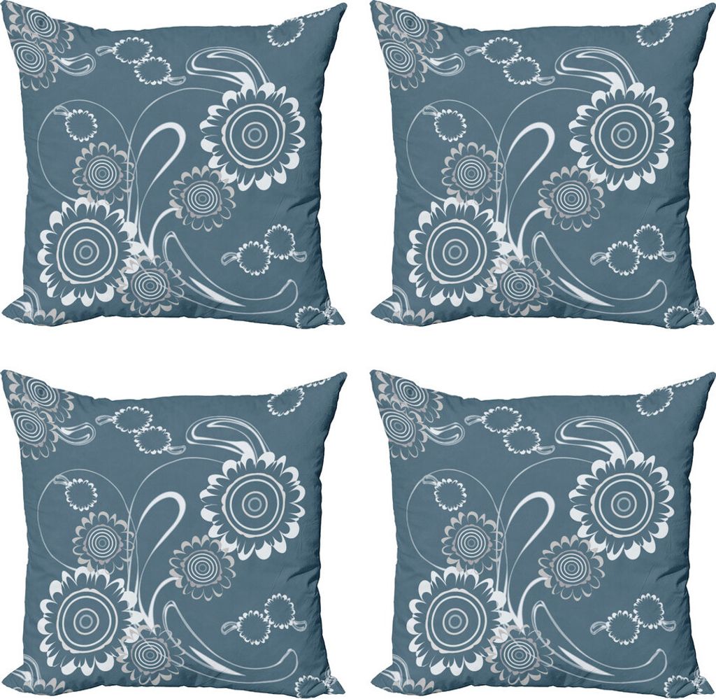 ABAKUHAUS Grau Blau Kissenbezug Set (4 Stück), Romantische Blumenblätter, Moderner Doppelseitiger Digitaldruck, 50 cm x 50 cm, Slate Blau Weiß