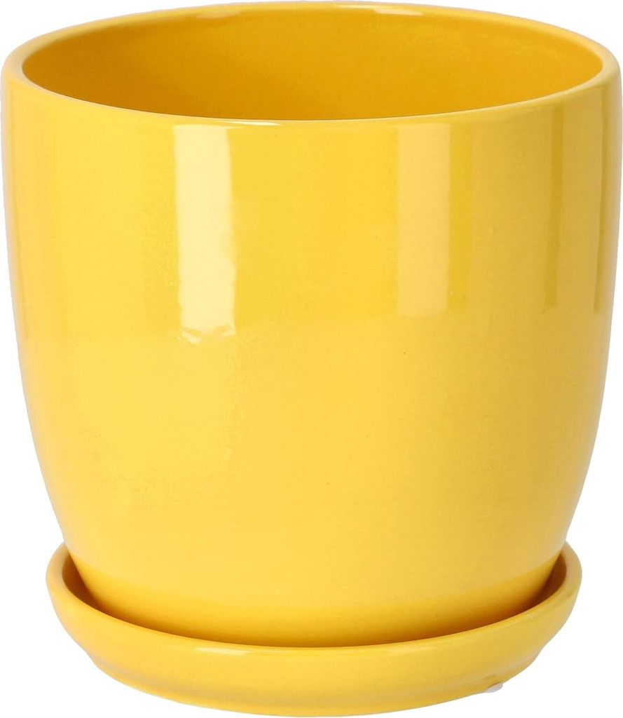 A yellow ceramic plant pot with a matching saucer, shown against a white background.