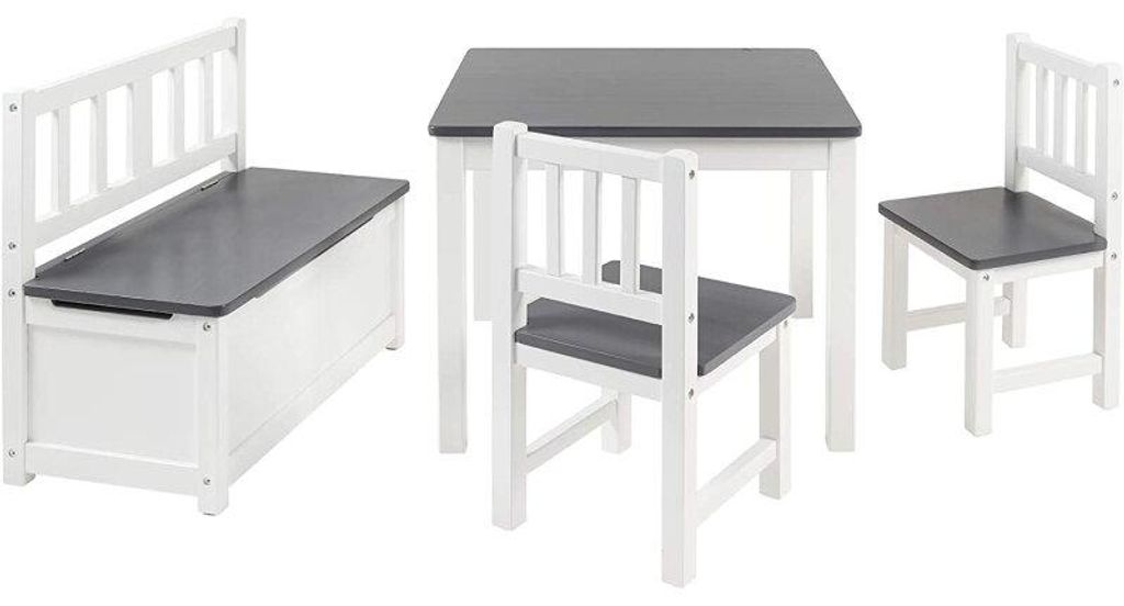 Bomi Anna Kindertafel met Stoeltjes en Opbergbank Grijs Wit Productafbeelding 