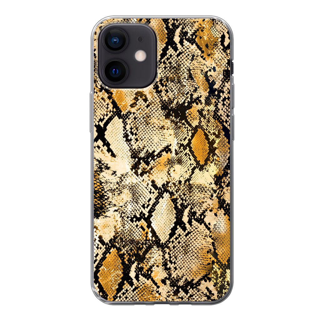 MuchoWow Handyhülle Schutzhülle Hülle für iPhone 12 Tiermuster - Schlange - Gold - Schwarz Silikon Softcase Handy Hülle - Schutzhülle