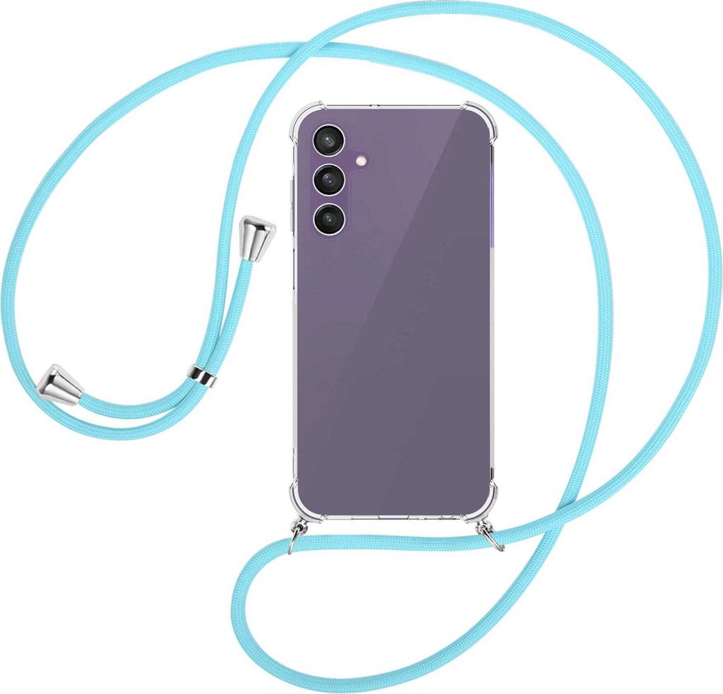 Handykette Backcover-Schutzhülle mit Band (Metall silberfarben) für Samsung Galaxy A25 5G - himmelblau