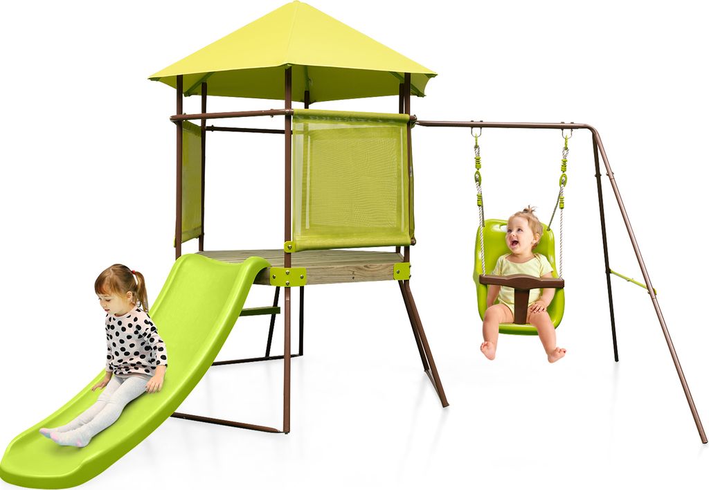 GOPLUS 4 in 1 Spielturm Klettergerüst, Stelzenhaus Outdoor mit Leiter, Kletterturm, Rutsche, Babyschaukel, Spielplatz für den Garten, Kinder von ...