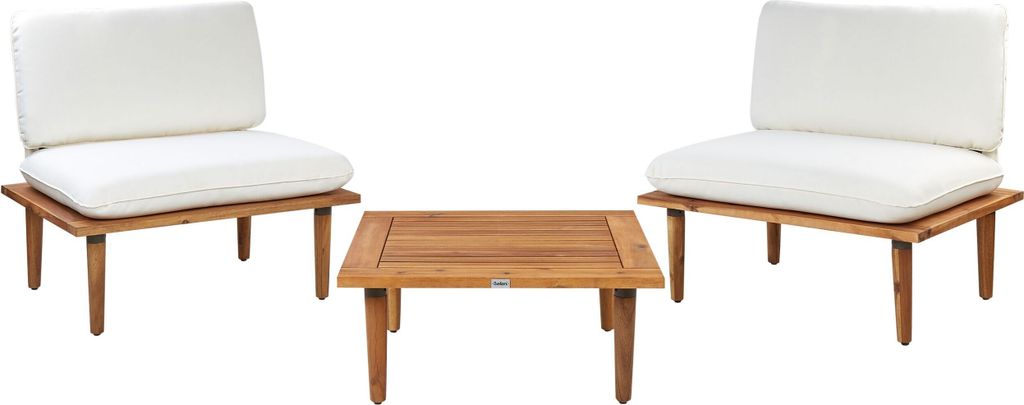 BELIANI Lounge Set Hellbraun Akazienholz 3-Teilig 2 Sessel mit Couchtisch Auflagen Cremeweiß Modern Outdoor Terrasse Balkon Gartenset Gartenmöbel...