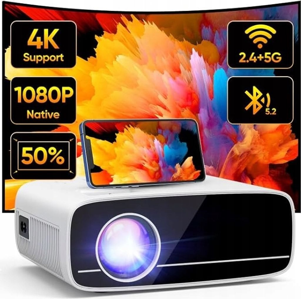 A white projector is shown in the foreground, with a colorful abstract image projected onto a curved screen in the background. A smartphone is placed on top of the projector. Text overlays highlight product features.