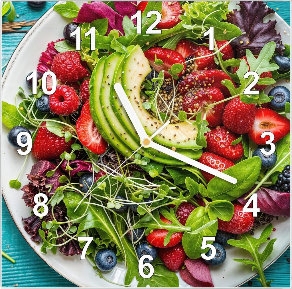 Wanduhr aus Glas mit Motiv Gesunder Salat- 30 x 30 cm - inkl. Aufhängesystem