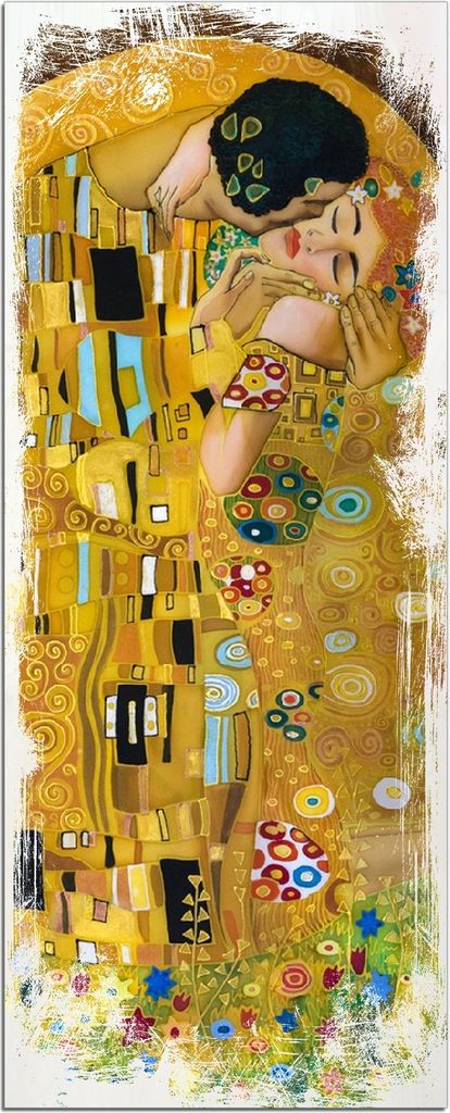 Wallario Kunstdrucke Wandbilder Holz in : Brillante Farben, Größe 50 x 125 cm Motiv Der Kuss von Klimt