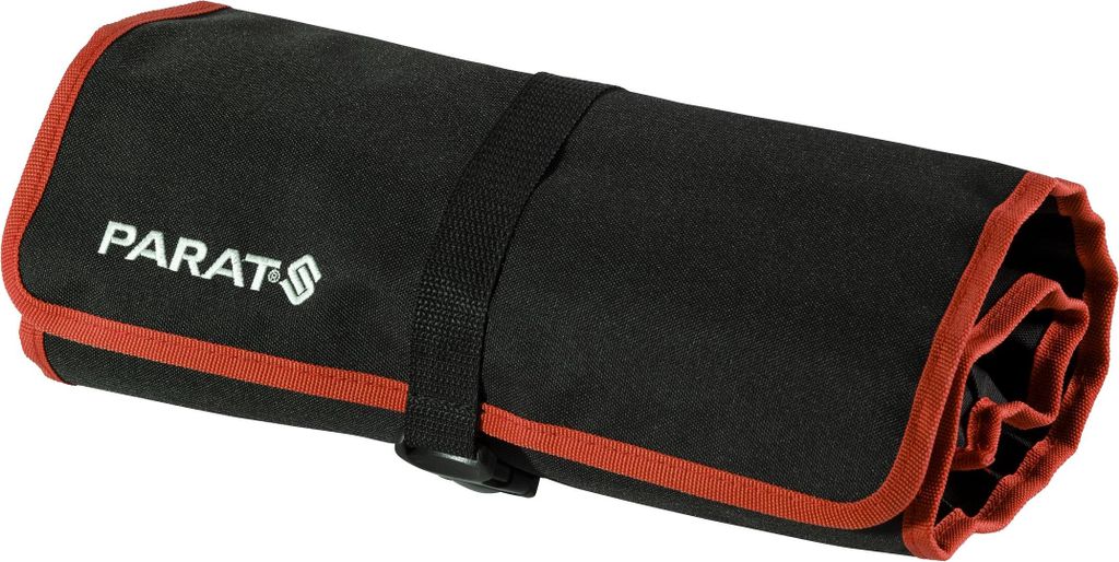 A rolled-up tool bag with red trim and a black strap.