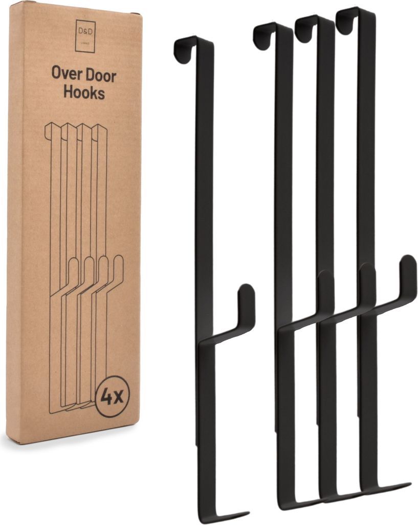 D&D Living Türhaken zum Einhängen bis 16 mm, 4x Doppel Haken für Türgarderobe, Kleiderhaken, schwarz