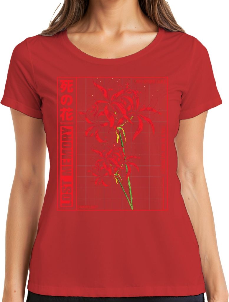 Rote Spinnenlilie LOST MEMORY japanische Blume Anime Otaku Ästhetik Damen T-Shirt, Rot, XXL
