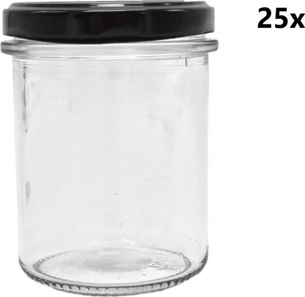 A clear glass jar with a black lid, presented on a white background.
