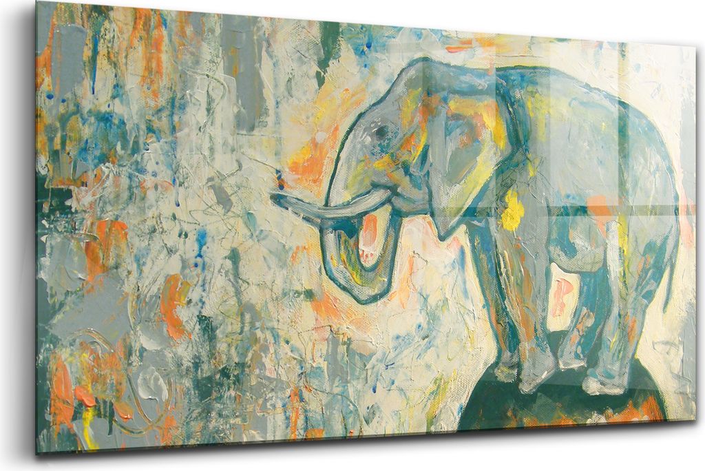 120x60 - Glasbilder - Bilder auf Wandbild - Foto auf Glas - Gemalte Darstellung einer Elefantenfigur auf einer Kugel