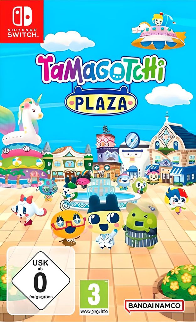 A colorful illustration of a town square with various Tamagotchi characters and buildings, promoting the game 'Tamagotchi Plaza' for Nintendo Switch.