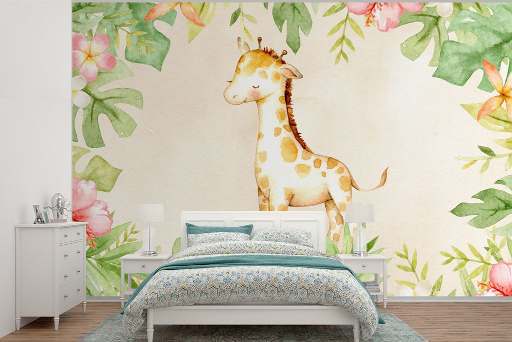 MuchoWow Fototapete für Wohnzimmer oder Schlafzimmer Wandtapete Vinyl Motivtapete Giraffe - Aquarellfarbe - Blumen - Dschungel - 420x280 cm - Zi...