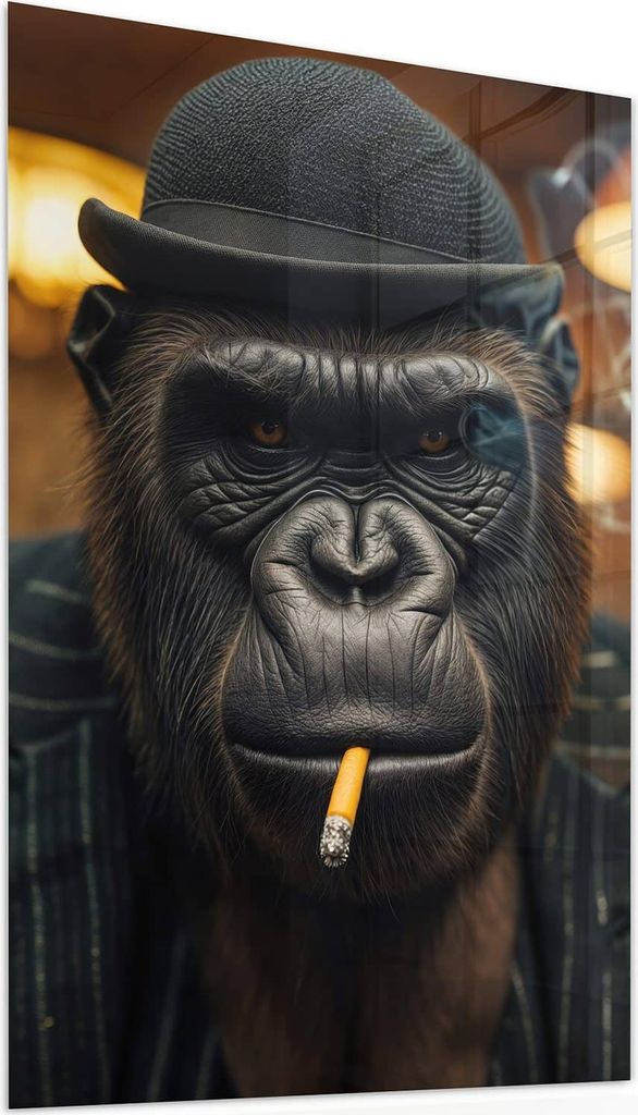 Glasbild 40x60cm in XXL für Wohnzimmer, Schlafzimmer Motiv Rauchender Gorilla