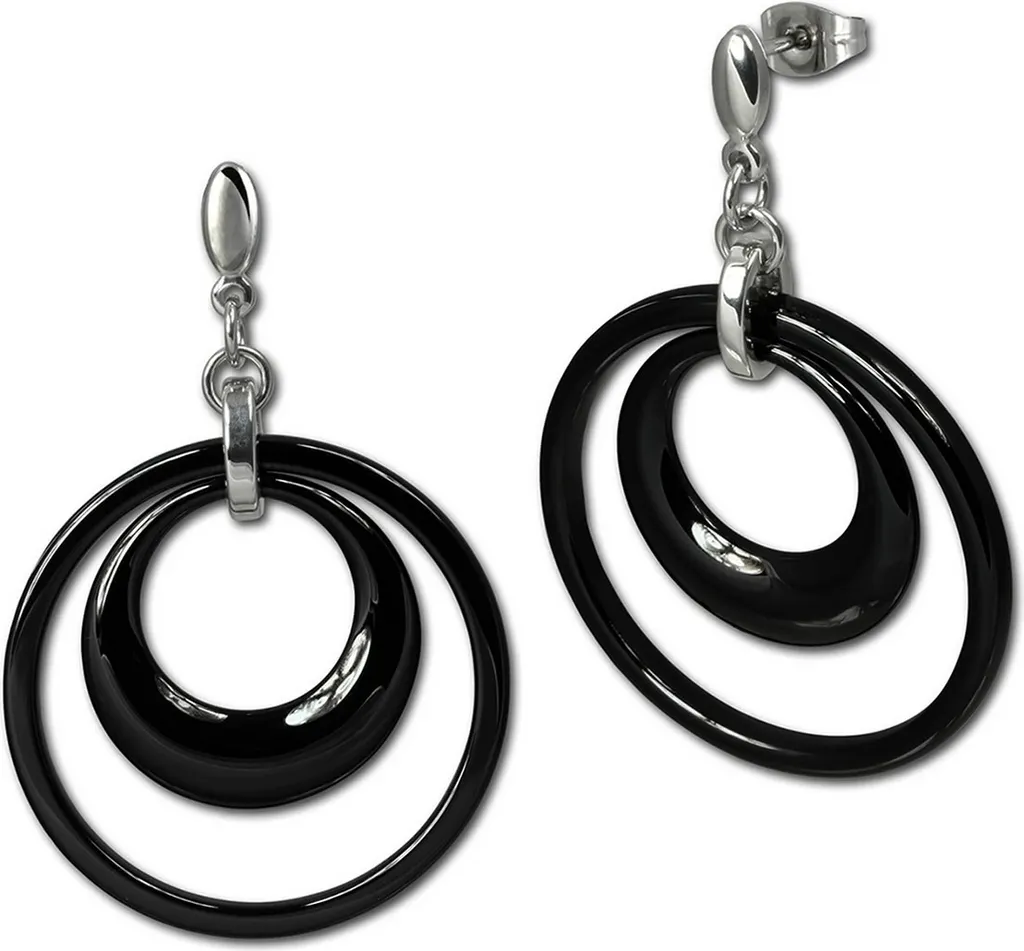 Gioielli per orecchie Amello da donna in acciaio inossidabile e Vetroceramica, color argento e nero lucido D2ESOX05S