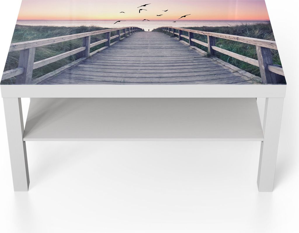 DEQORI Couchtisch 90x55 cm Weiß 'Dünenweg im Abendlicht' Glas Beistelltisch