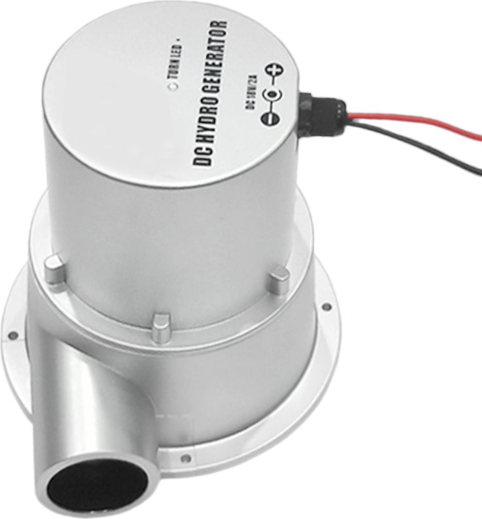 A silver DC hydro generator with a black connector and red and black wires, set against a white background.