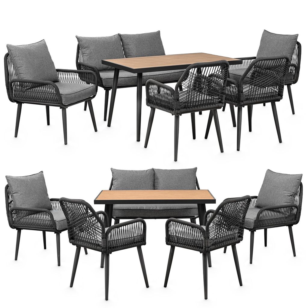 Garten Sitzgruppe für 6 Personen mit WPC Tisch, Sofa, Stühlen – wetterfest – Seilgeflecht – Sitzkissen – Outdoor Lounge - anthrazit/grau