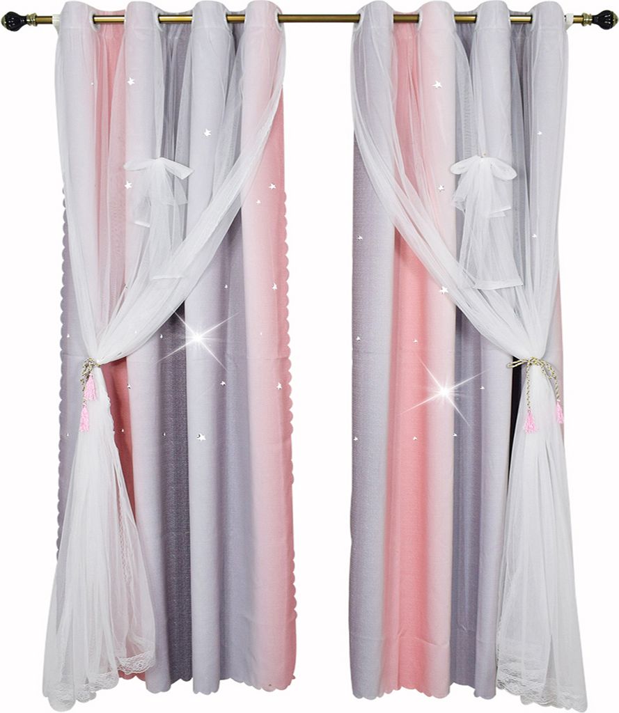 2 Stück Vorhang Blickdicht Gardinen Stern Doppelschicht Ösenvorhänge mit Voile für Schlafzimmer Wohnzimmer Kinderzimmer, Rosa, B130xH243cm