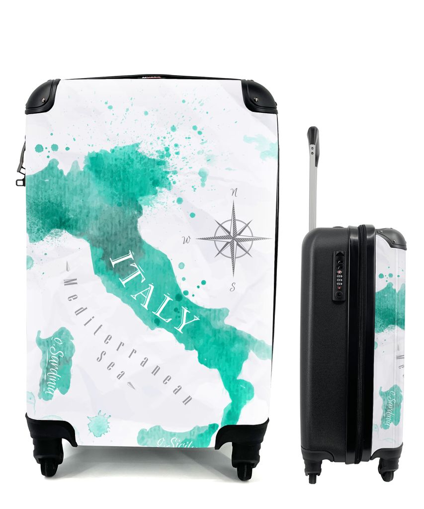 MuchoWow Koffer Handgepäck Trolley Rollkoffer Kleine Reisekoffer mit 4 Rollen - Italien - Weltkarte - Türkis - Cabin Size < 55x40x23 cm & 55x40...