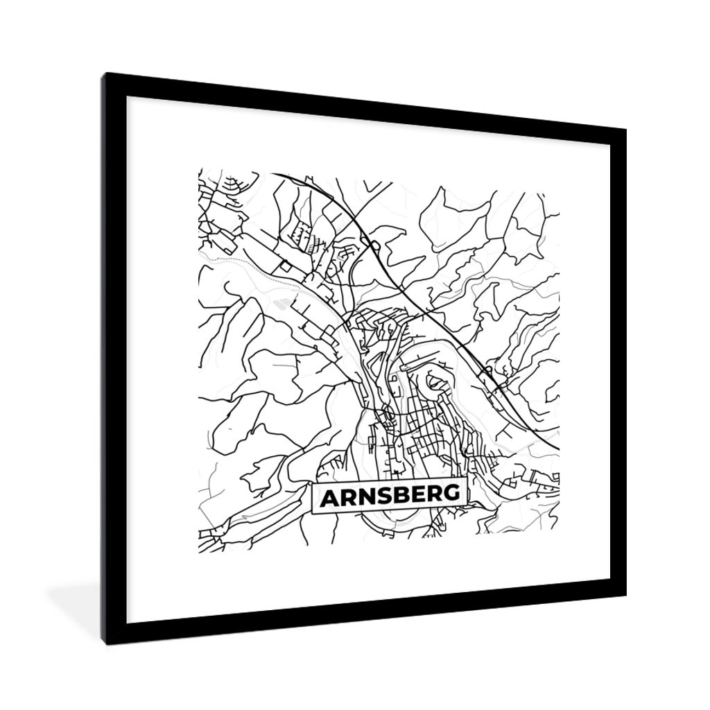 MuchoWow Gerahmtes Poster Arnsberg - Karte - Stadtplan 40x40 cm - Poster mit Schwarzem Bilderrahmen Wandposter Rahmen Foto Bilder - Poster - Plak...