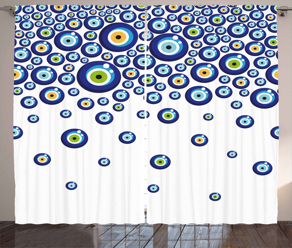 ABAKUHAUS Evil Eye Rustikaler Vorhang, Lively Türkisch, Wohnzimmer Universalband Gardinen mit Schlaufen und Haken, 280 x 245 cm, Blau Grün Ringel...