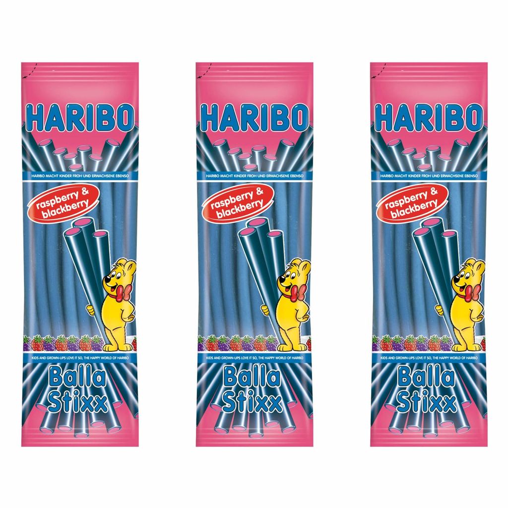 Haribo Balla Stixx (ehemals Balla Balla), 3er Set, Himbeere-Brombeere, Gummibärchen, Weingummi, Fruchtgummi, 3 Beutel zu je 200 g