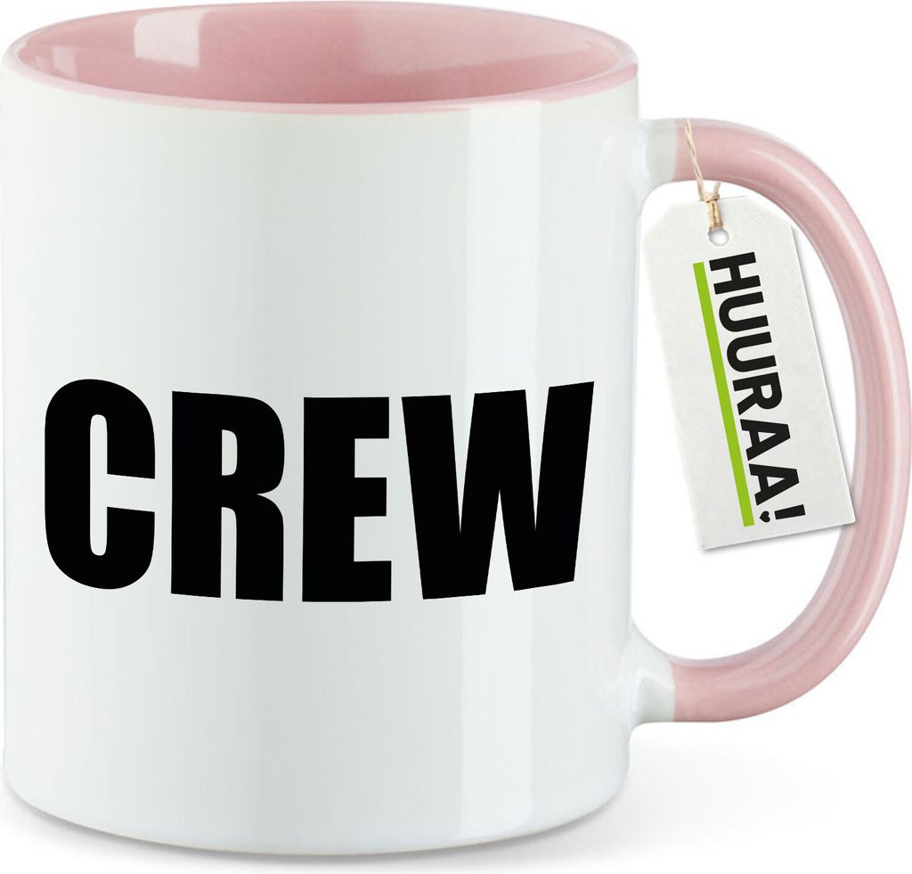 Huuraa Kaffeetasse Crew Schriftzug 330ml Rosa Keramik Kaffeebecher Geschenkidee
