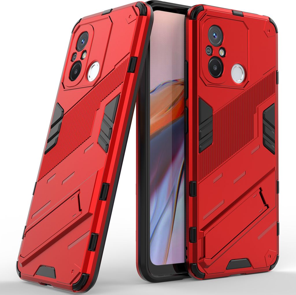 Armor Hülle für Xiaomi Poco C55 /Redmi 12C, Hybrid PC TPU Bumper Stoßfestes Schutzhülle mit Standfunktion Rot