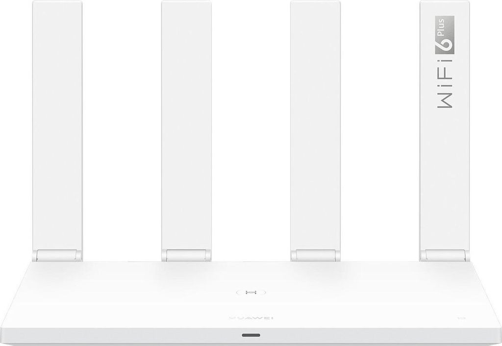 A white Huawei WiFi AX3 router with four antennas is shown from the front on a white background. The text 'WIFI 6 PLUS' is visible on the rightmost antenna.