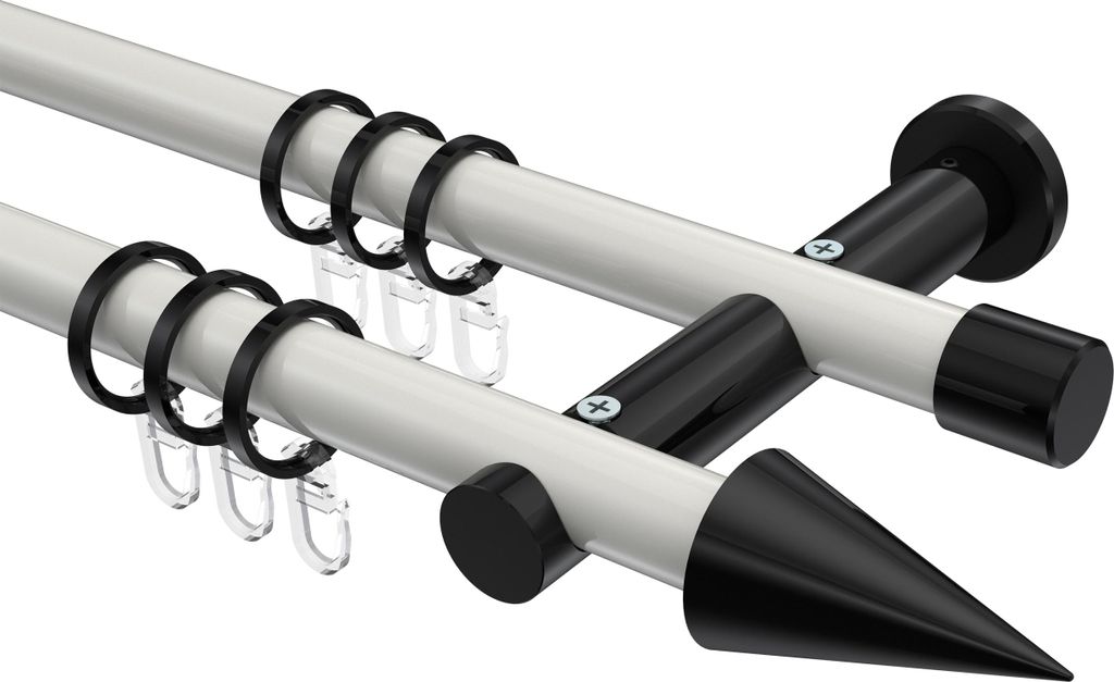 Interdeco Gardinenstange / Vorhangstange Weiß / Schwarz, Typ Platon Savio (Kegel), 20 mm Ø 2-läufig, 280 cm