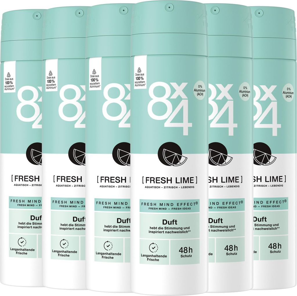 8x4 Deo Spray Fresh Lime 6 x 150ml erfrischend-spritzigen Zitrusnote 48h Schutz
