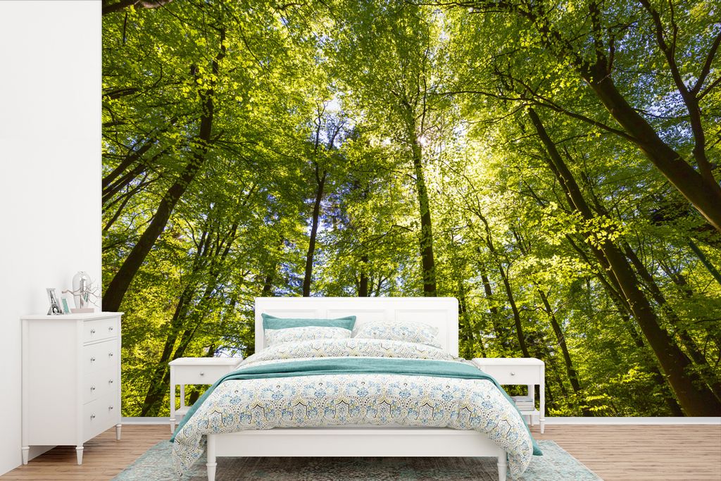 MuchoWow Fototapete für Wohnzimmer oder Schlafzimmer Wandtapete Vinyl Motivtapete Wald - Sommer - Laub - 450x300 cm - Gemusterte