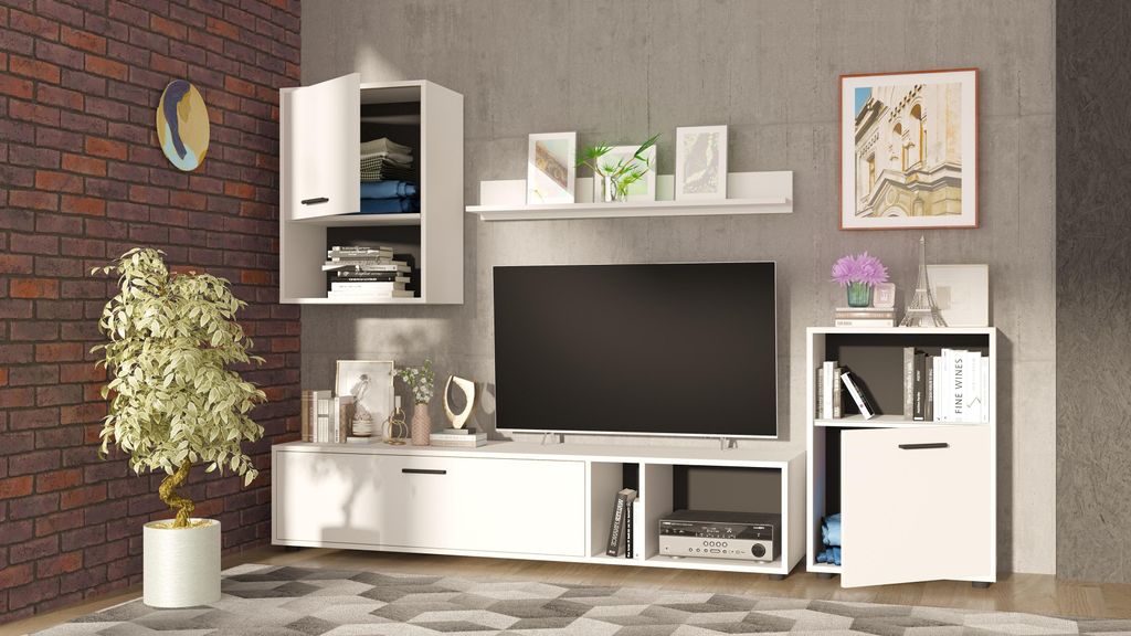 Möbelwand RENA - 3 Schränke - Weiß - Schwarze Griffe - Breite 210 cm, Höhe 190 cm, Tiefe 36 cm