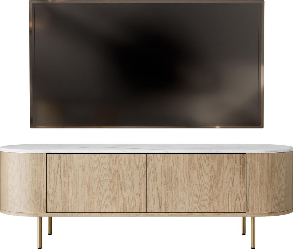 MIRJAN24 TV-Lowboard Lygrint 140 2D, Stilvoll Wohnzimmer, TV-Lowboard mit zwei Drehtüren (Farbe: Eiche Cremona / Marmor Weiß + Gold)