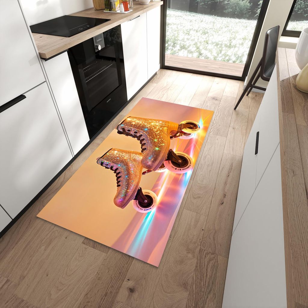 Küchenteppich 90x180cm rutschfest & abwischbar PVC Läufer - Glitzer Rollschuhe