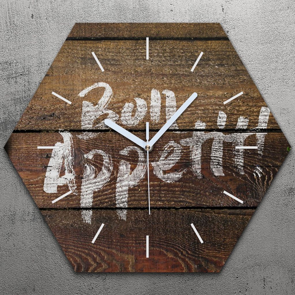 Uhr hexagonal 40 cm Glas Geräuschlos weiße Zeiger - Bon appetit Inschrift Gemüse